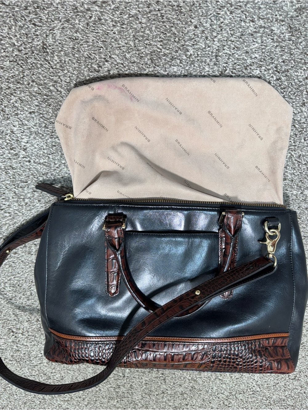 Brahmin Black Leather Satchel Shoulder Bag Brown Croc Embossed Trim Purse - Picture 12 of 16